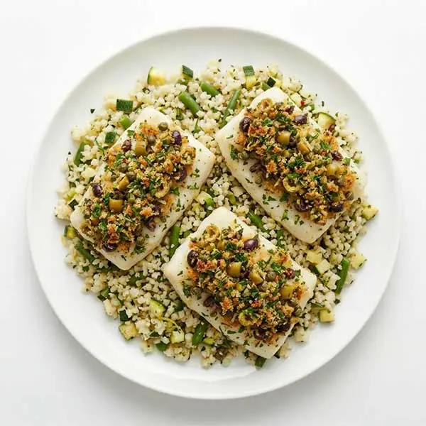 Grenobloise Olive Crusted Fish with Keto Veggie Rice